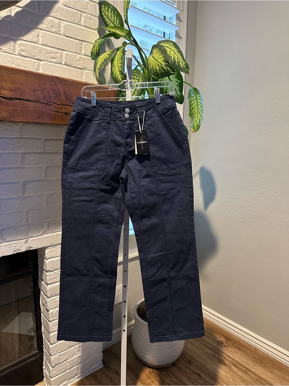 Flamingals Mid Rise Straight Leg Solid Seam Front Flap Pocket Pants Navy Med NWT - Picture 5 of 7